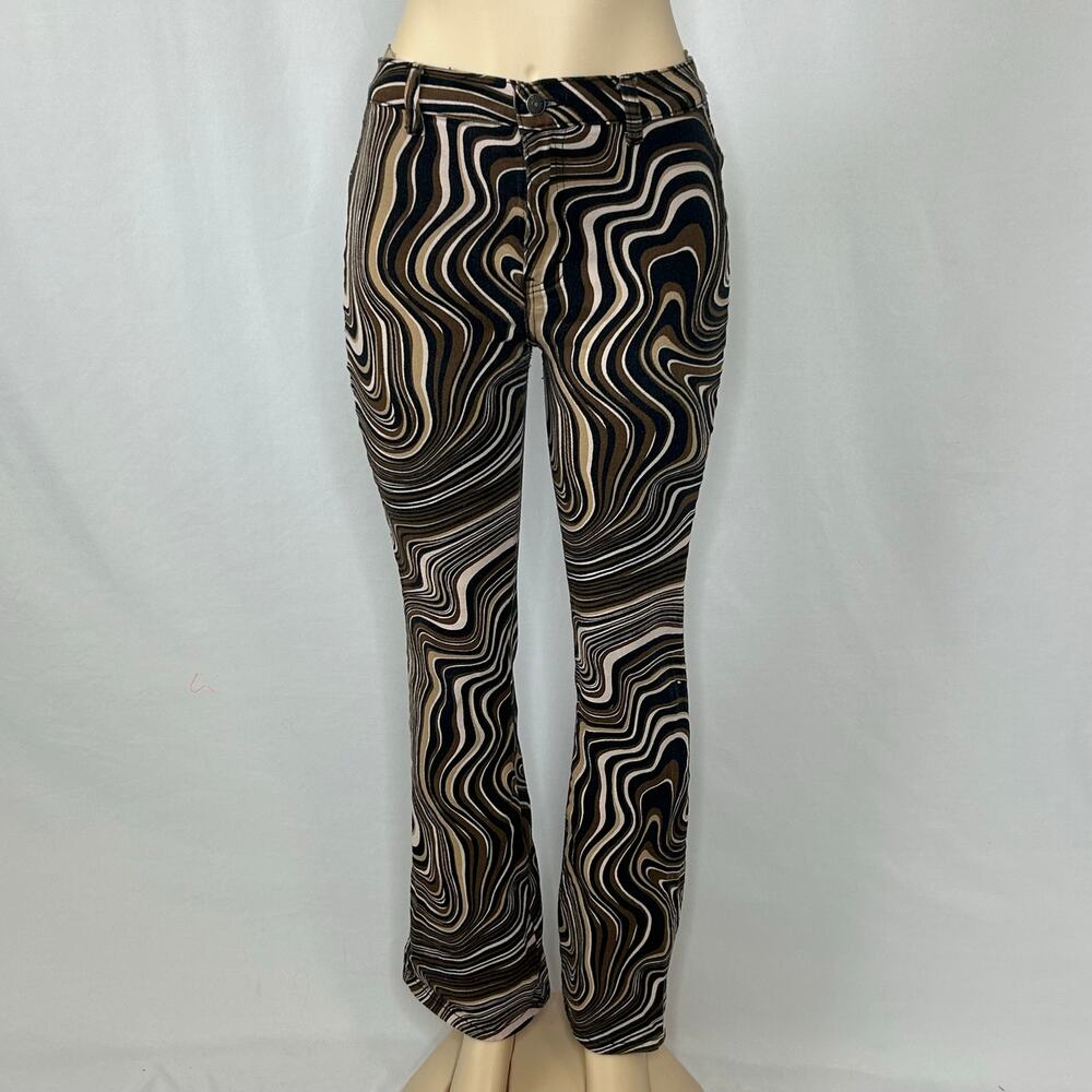 Motel Denim Psychedelic Swirl Print Flare Pants Brown Cream Y2K Size M